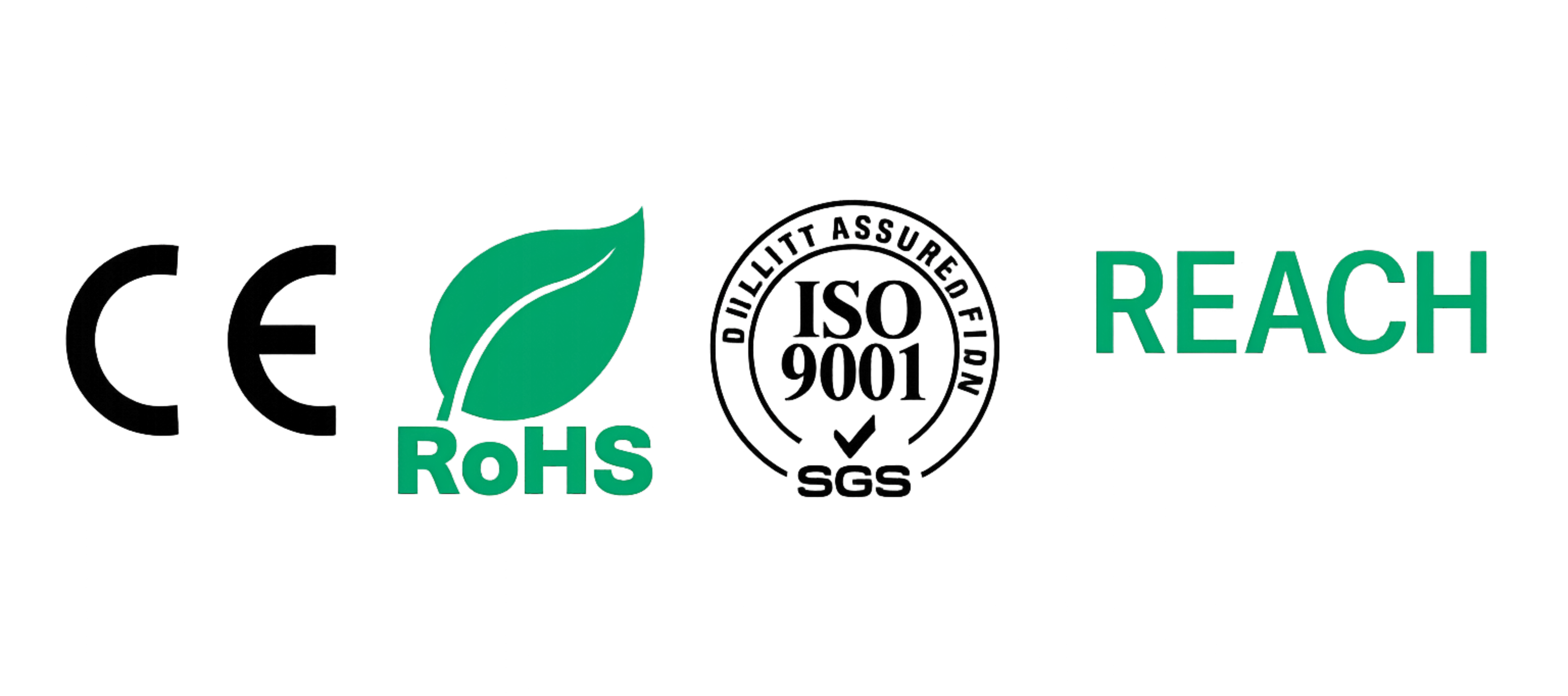 CE, RoHS, ISO 9001, and REACH certification logos