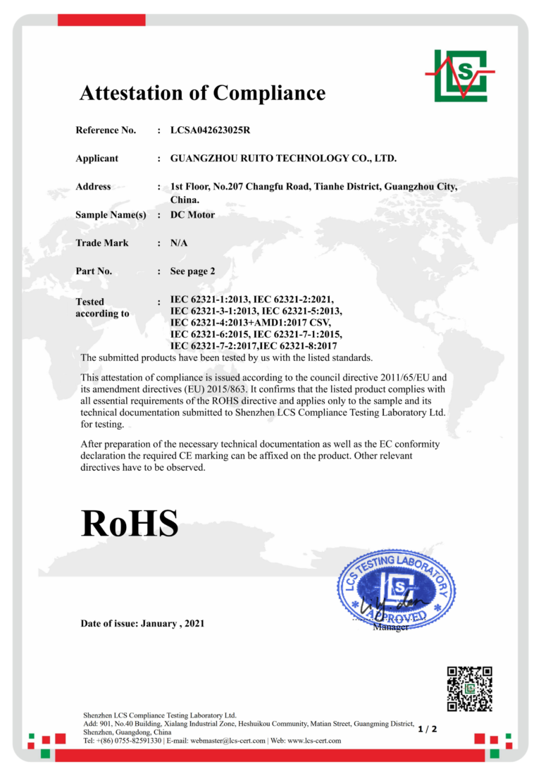 RoHS certificate demonstrating environmental compliance for DC motor production