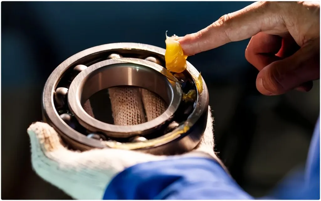 Technician applying grease to a ball bearing during DC motor maintenance, illustrating proper bearing lubrication procedure.