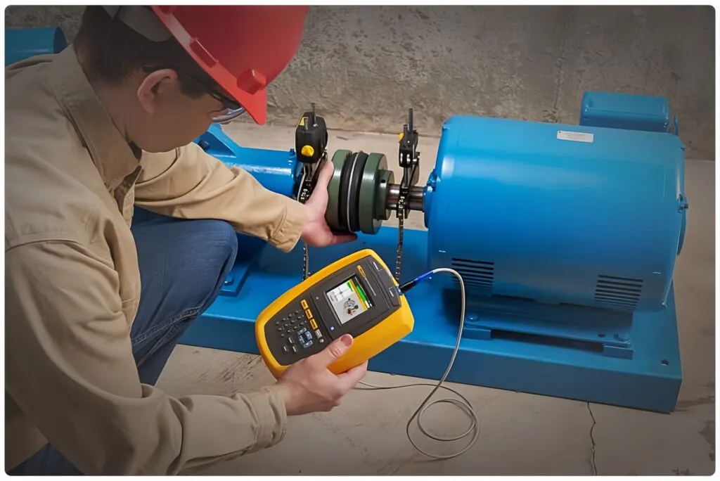 Technician using laser alignment tool to align a DC motor with driven equipment, ensuring proper shaft alignment.