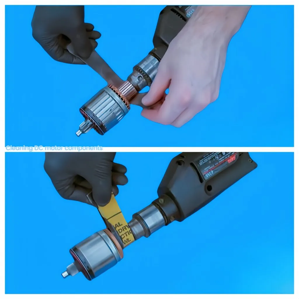 Technician cleaning the commutator of a DC motor armature using sandpaper to maintain smooth contact surface for brushes.