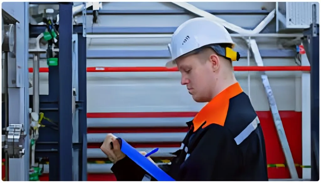 Engineer performing a DC motor inspection while recording maintenance results on-site with a checklist clipboard.