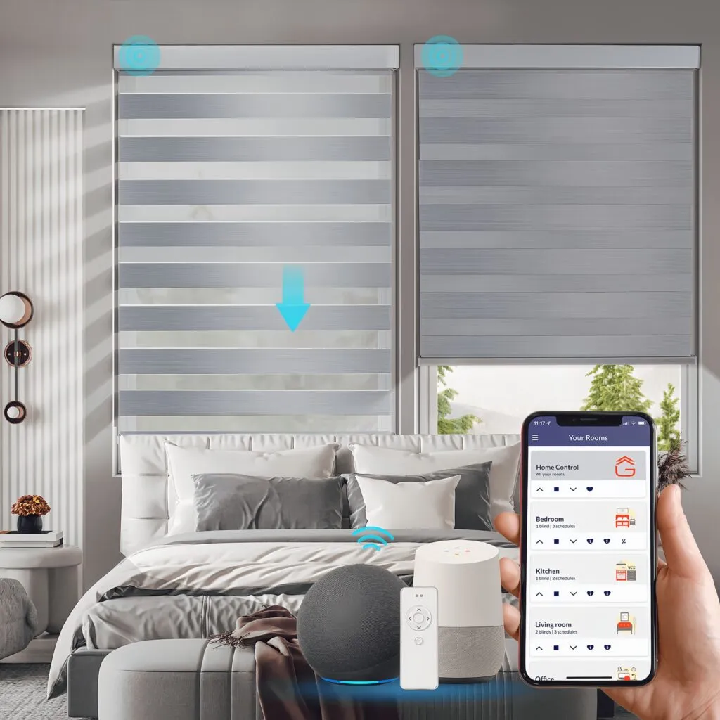 Smart home motorized blinds with DC motors controlled via mobile app and voice assistant