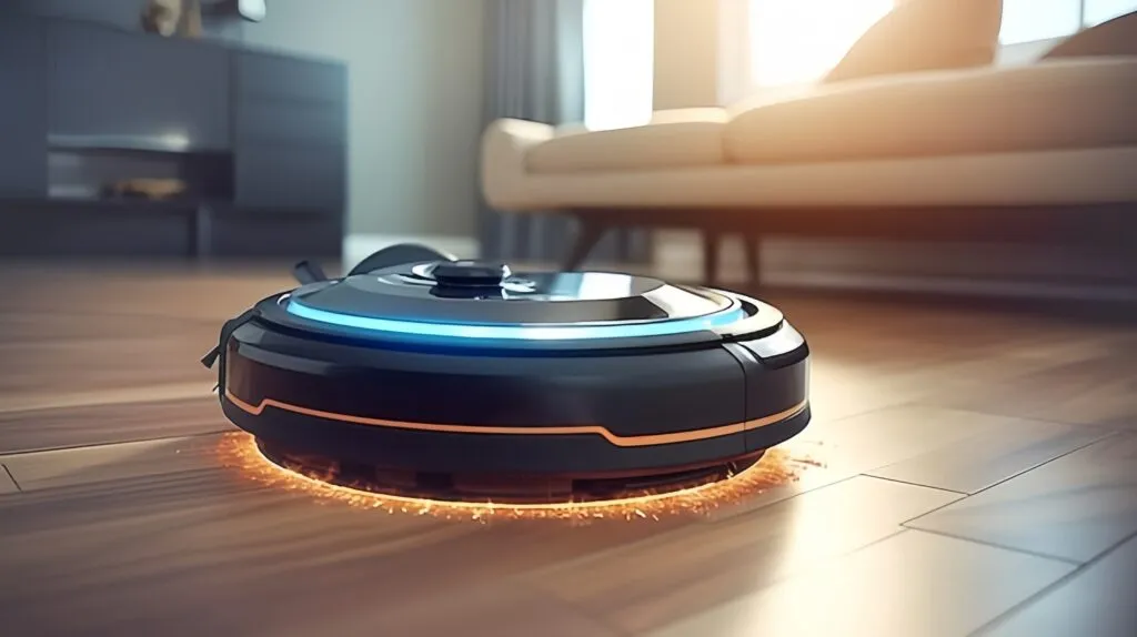 DC motor-powered robot vacuum cleaner operating in a smart home living room.