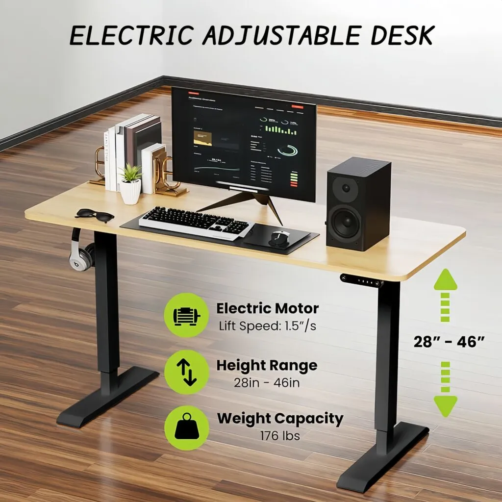 Height-adjustable electric desk powered by DC motors, illustrating smooth lift control for smart furniture applications.