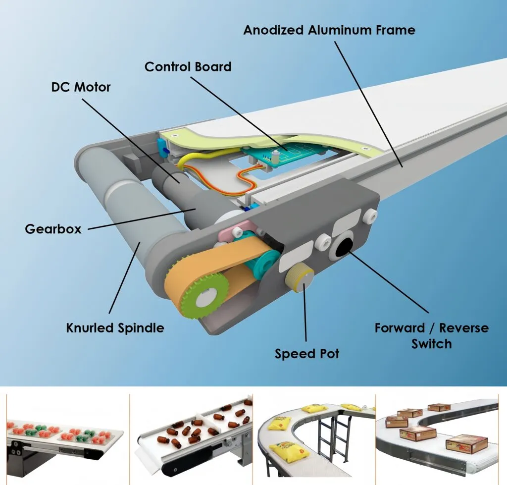 DC motor used in a conveyor belt system with gearbox and control board for precision automation.