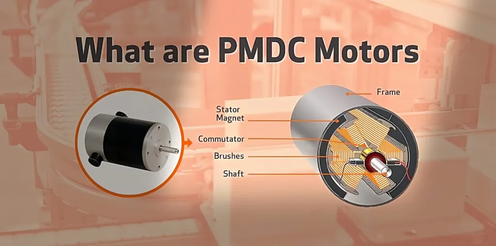 Internal structure of a Permanent Magnet DC (PMDC) motor, labeled with stator magnet, commutator, brushes, shaft, and frame