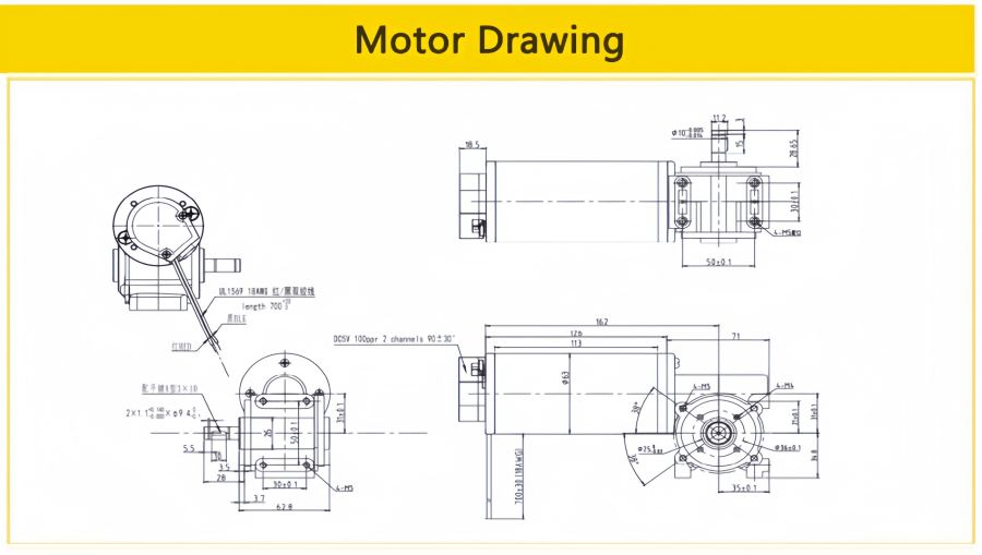 D63 Hall feedback DC gear motor drawing for automatic door system