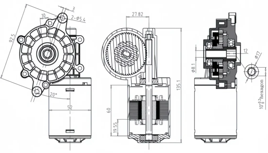 Custom DC gear motor drawing for appliance mechanism